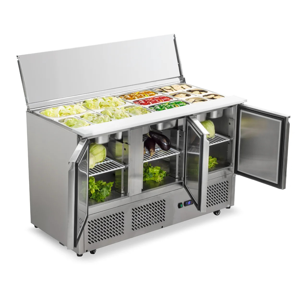 Mesa ensaladera refrigerada con 3 puertas sólidas SLD-3SD